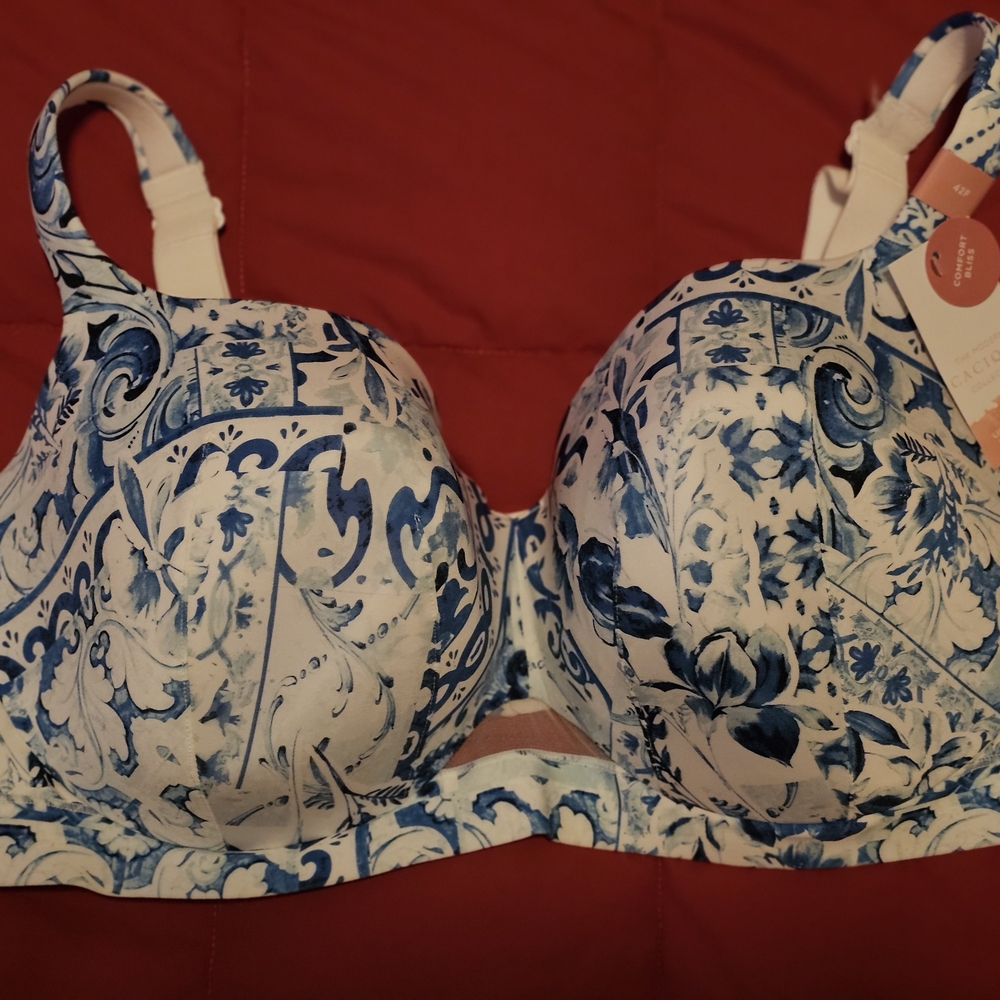 Cacique Lightly Lined Balconette Blue and White Floral Bra Comfort Bliss 42F